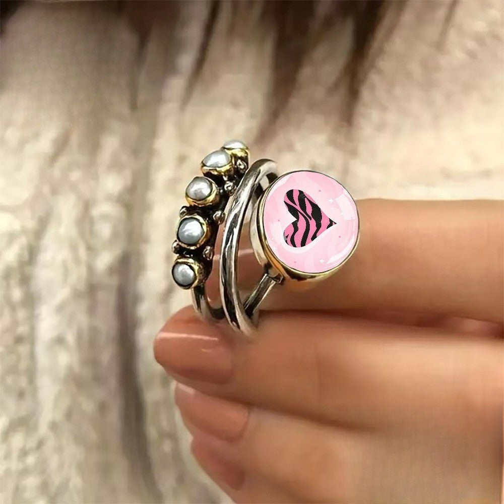 Pink Zebra Heart & Faux Pearl Ring
