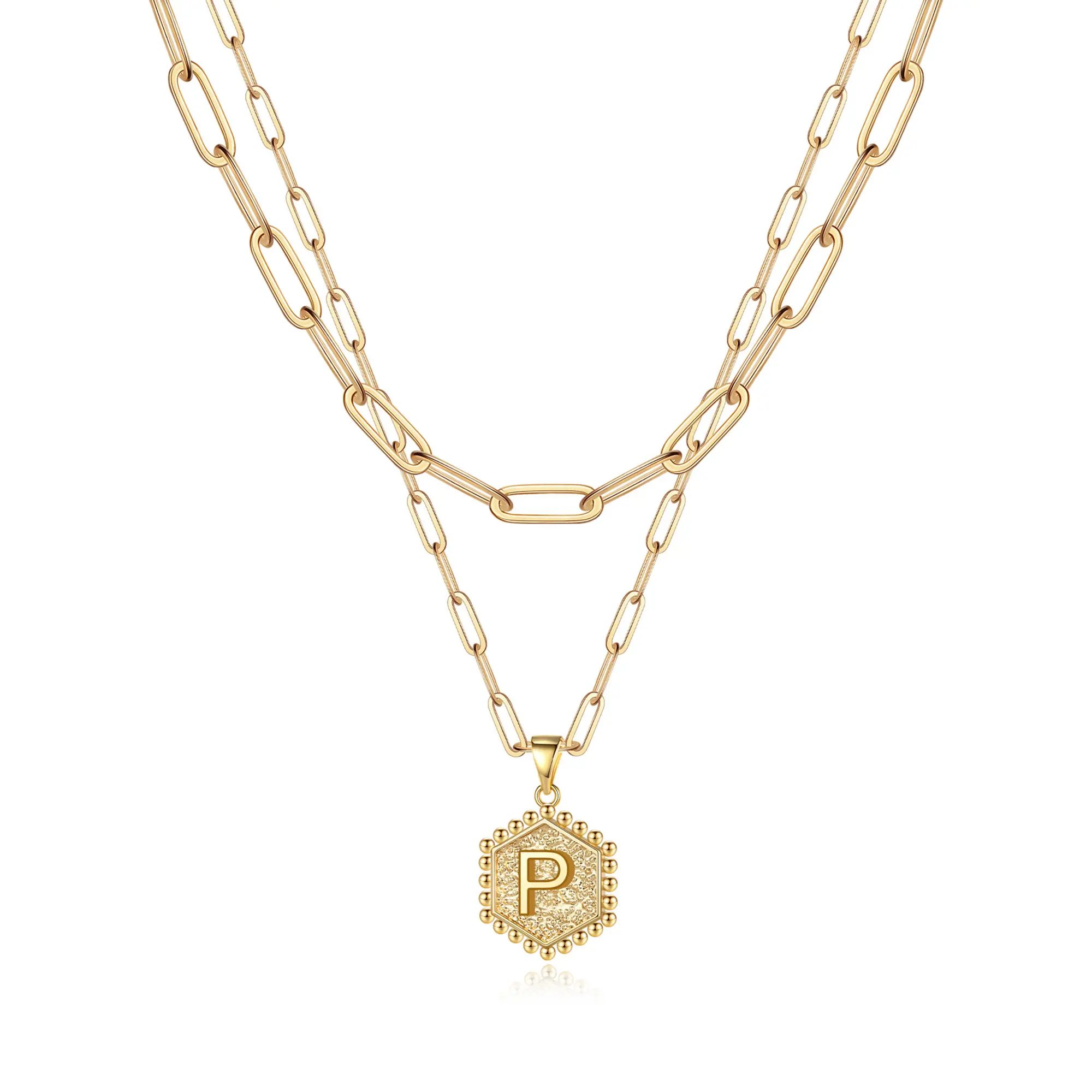 2pc 14k Hexagon Initial Necklace