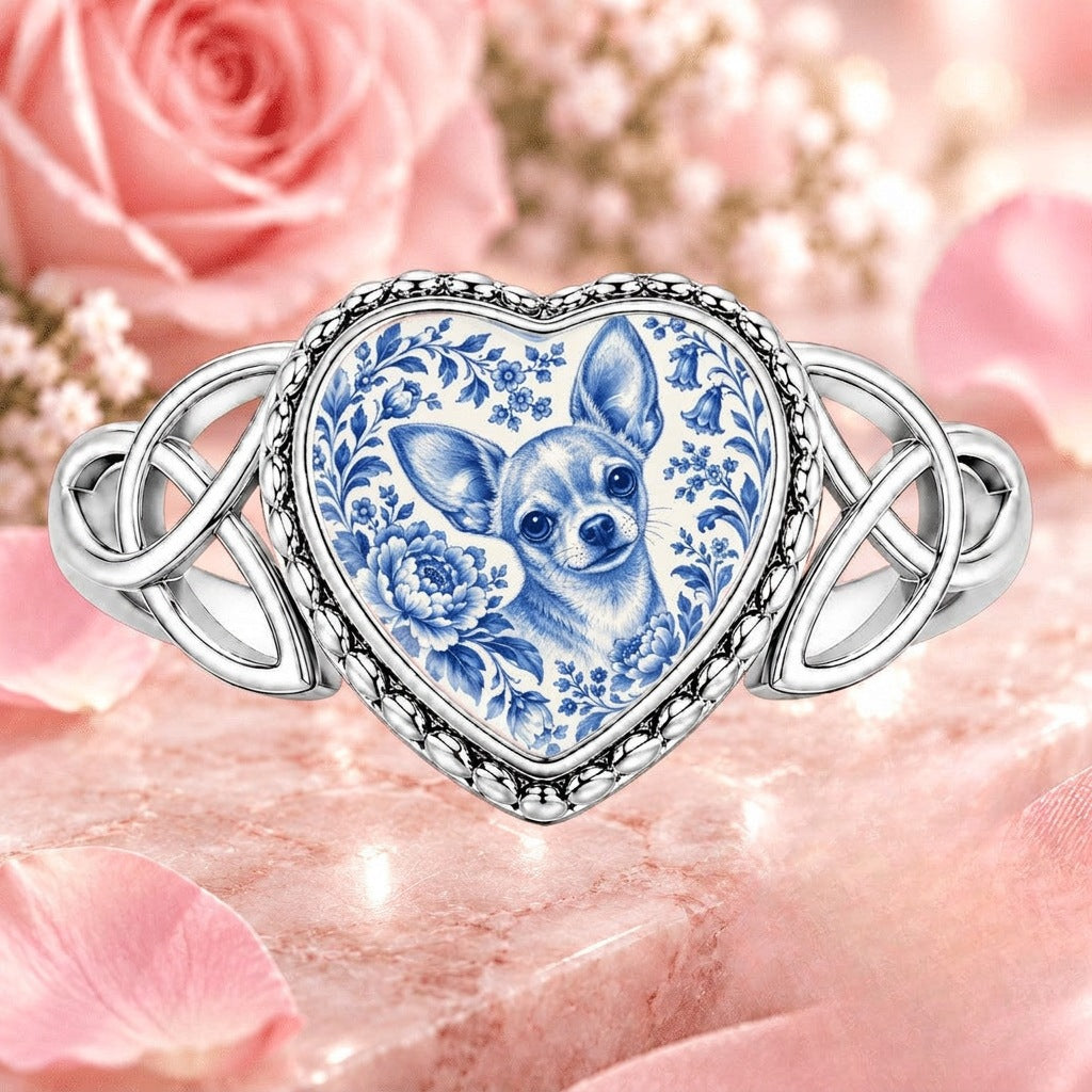 Blue Floral Chihuahua Heart Ring