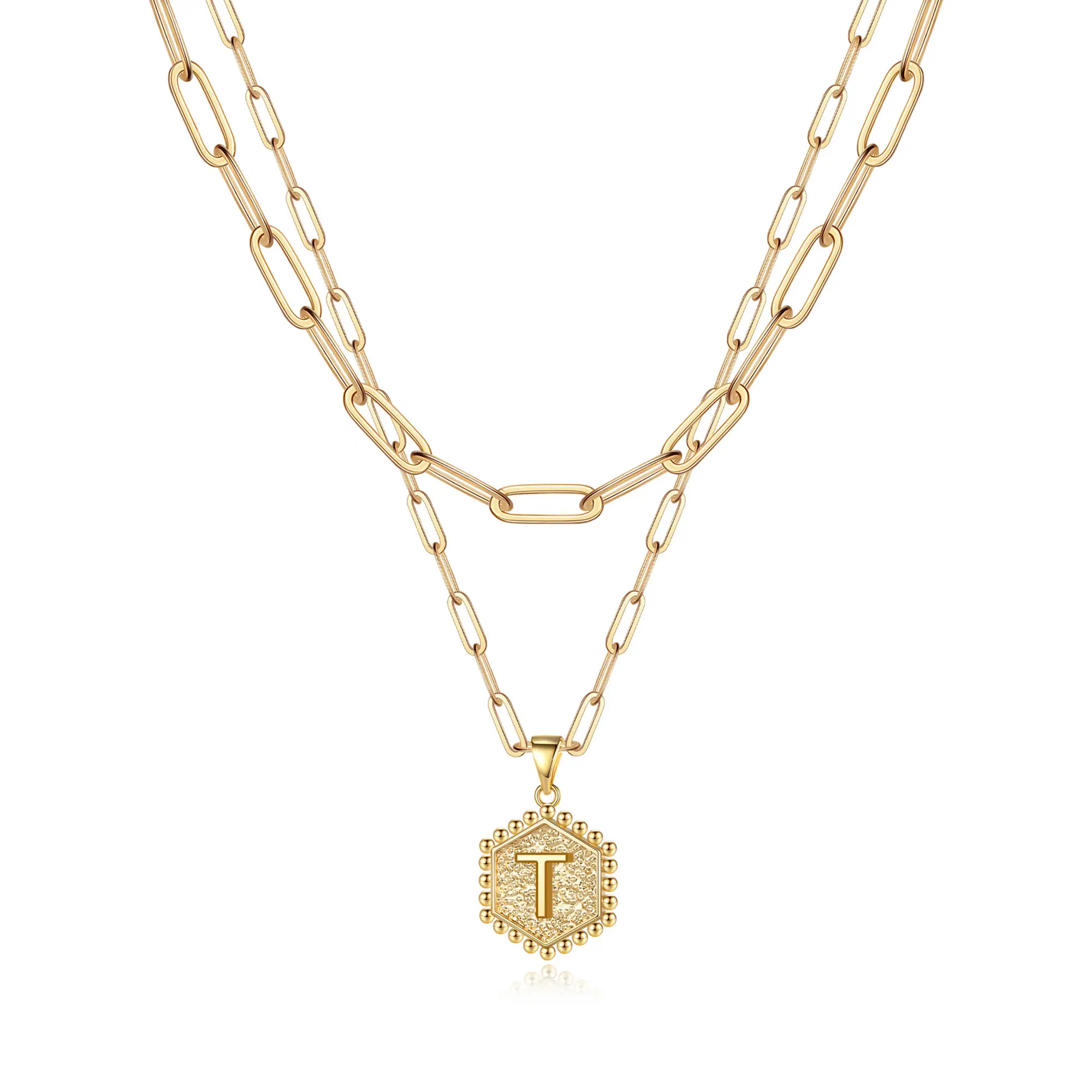 2pc 14k Hexagon Initial Necklace