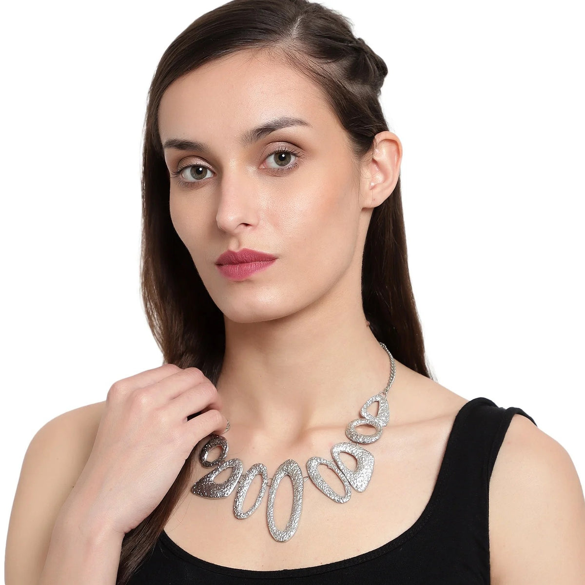Silver Beaded Oval Necklace Set