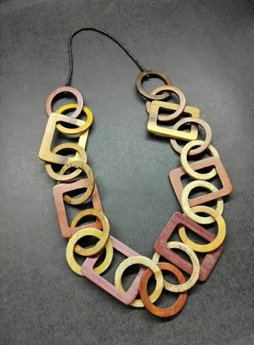 Multicolor Square & Circle Wood Necklace