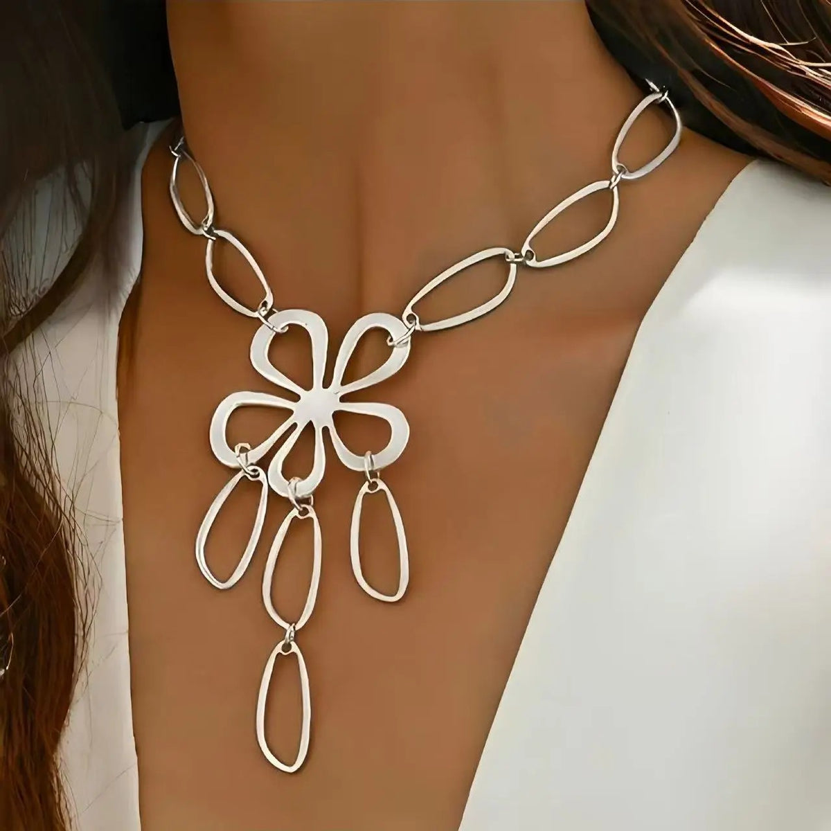 Open Flower Link Necklace & Earring Set