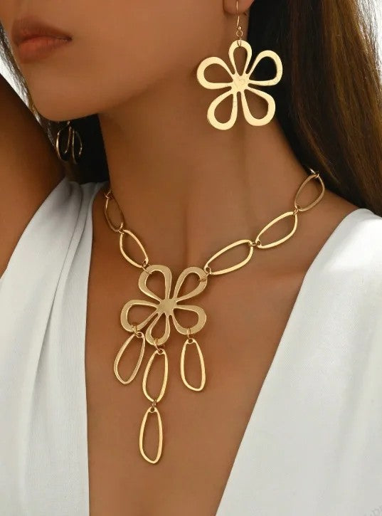 Open Flower Link Necklace & Earring Set