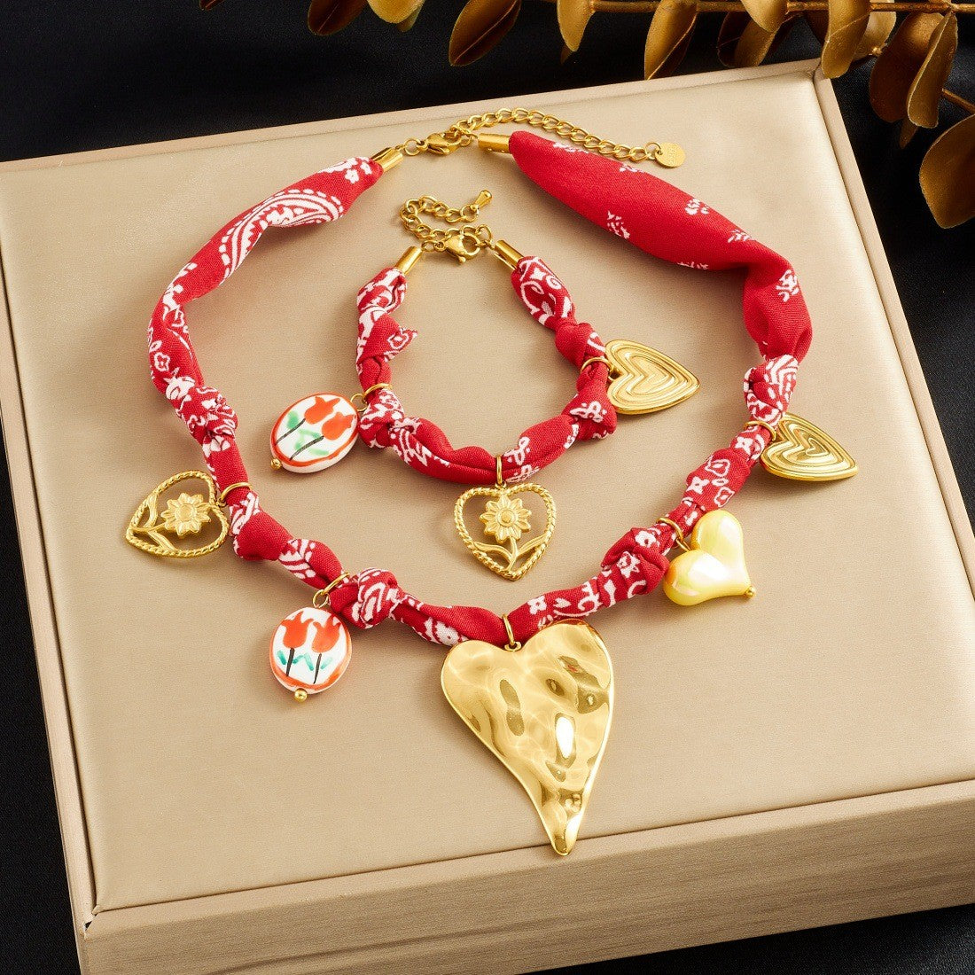 Red Bandana Heart Necklace & Bracelet Set