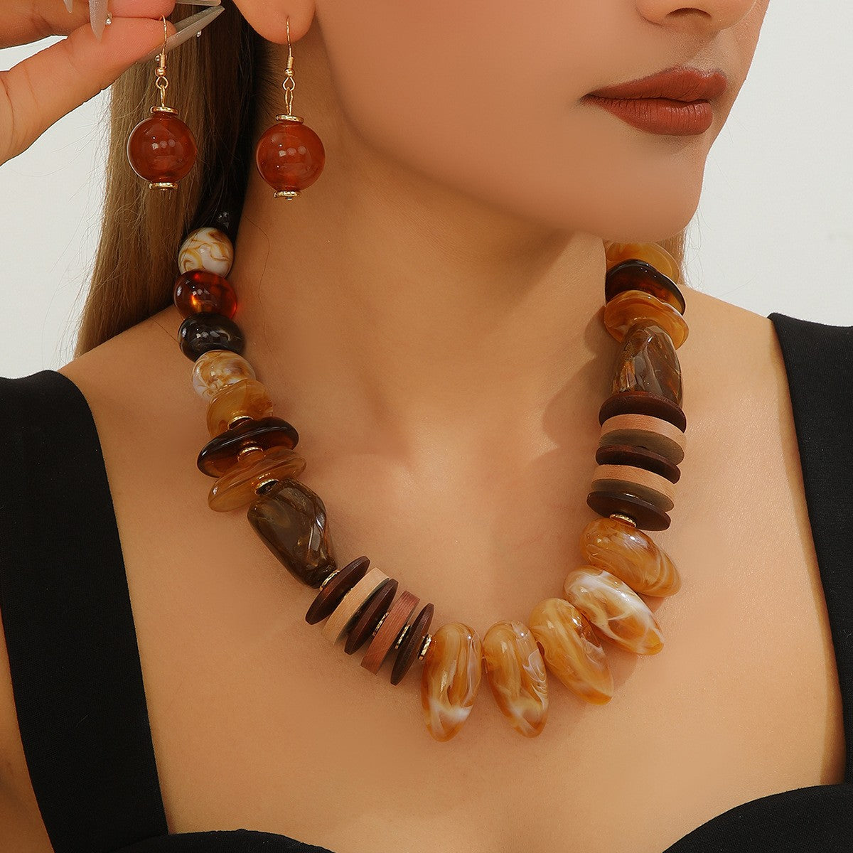 Mixed Shape Amber Resin Necklace & Earring Set