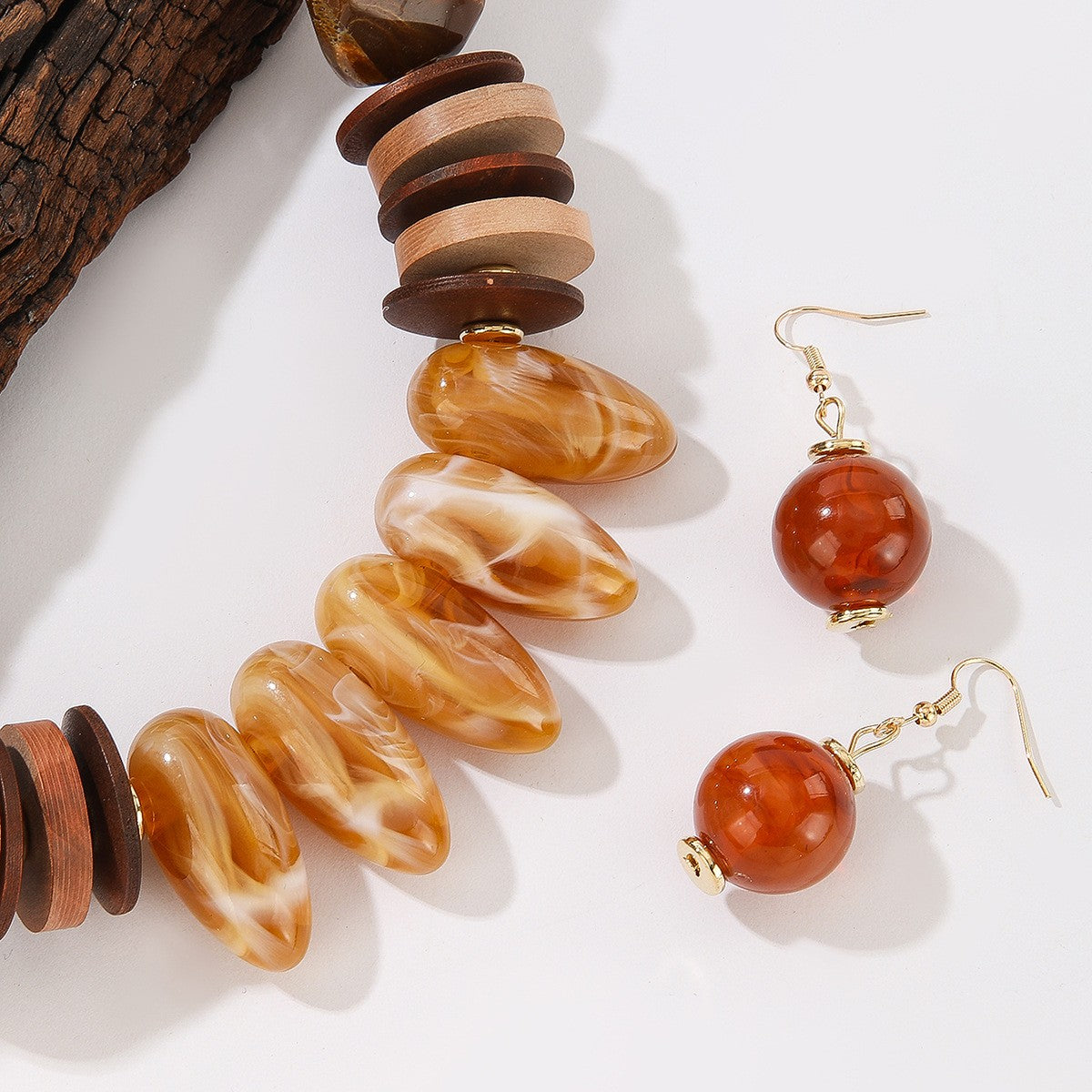Mixed Shape Amber Resin Necklace & Earring Set