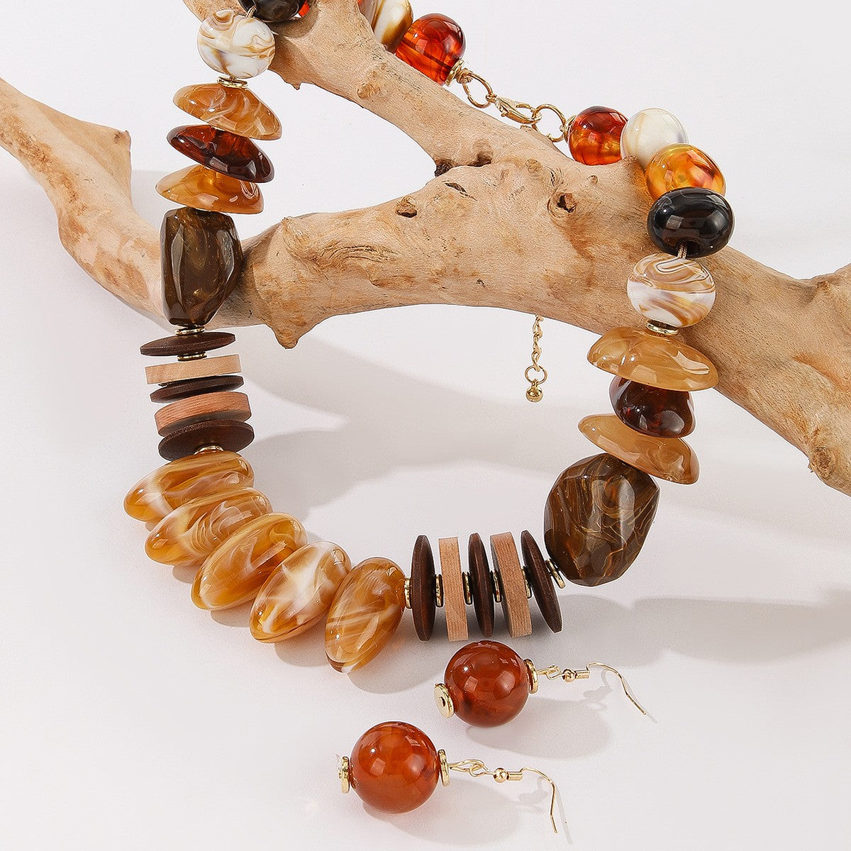 Mixed Shape Amber Resin Necklace & Earring Set