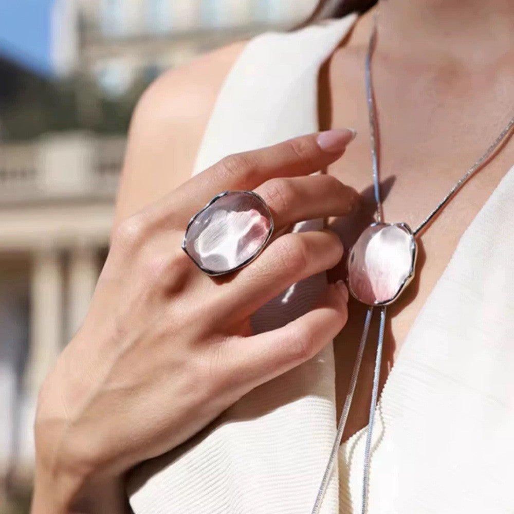 Iridescent Oval Lariat Necklace, Earrings & Ring