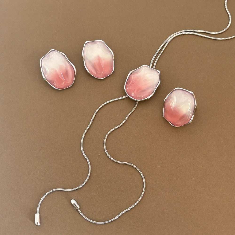 Iridescent Oval Lariat Necklace, Earrings & Ring