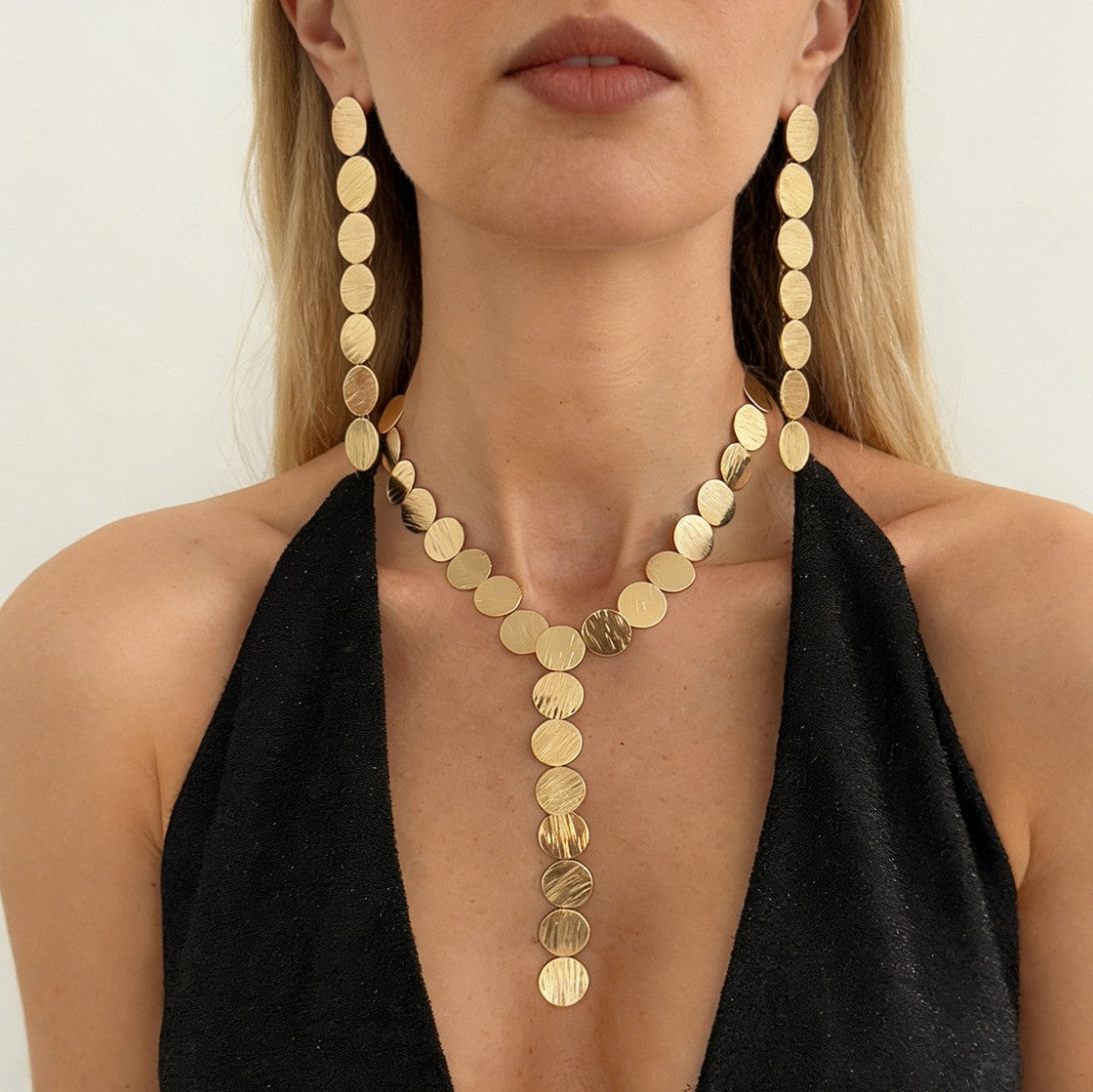 Brushed Disc Y-Necklace & Earring Set
