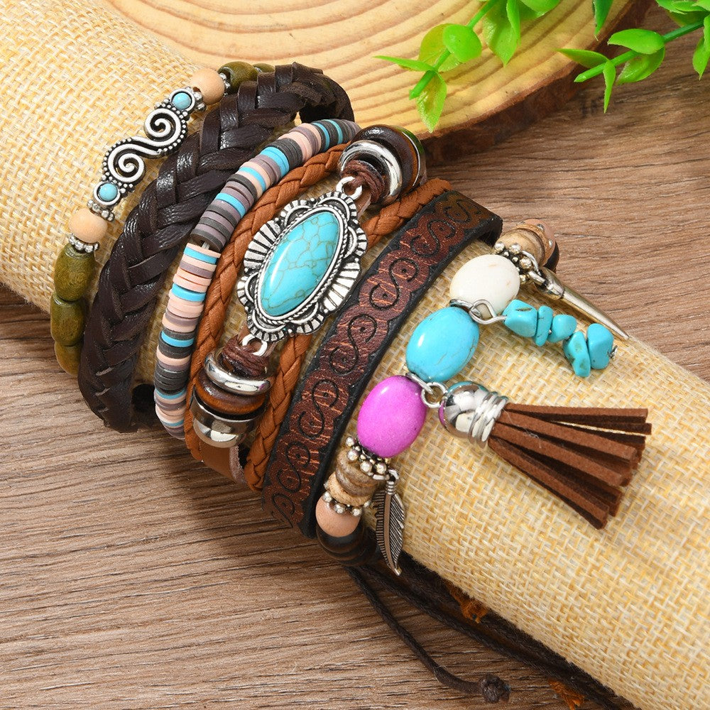 Turquoise Feather Layered Bracelet Set