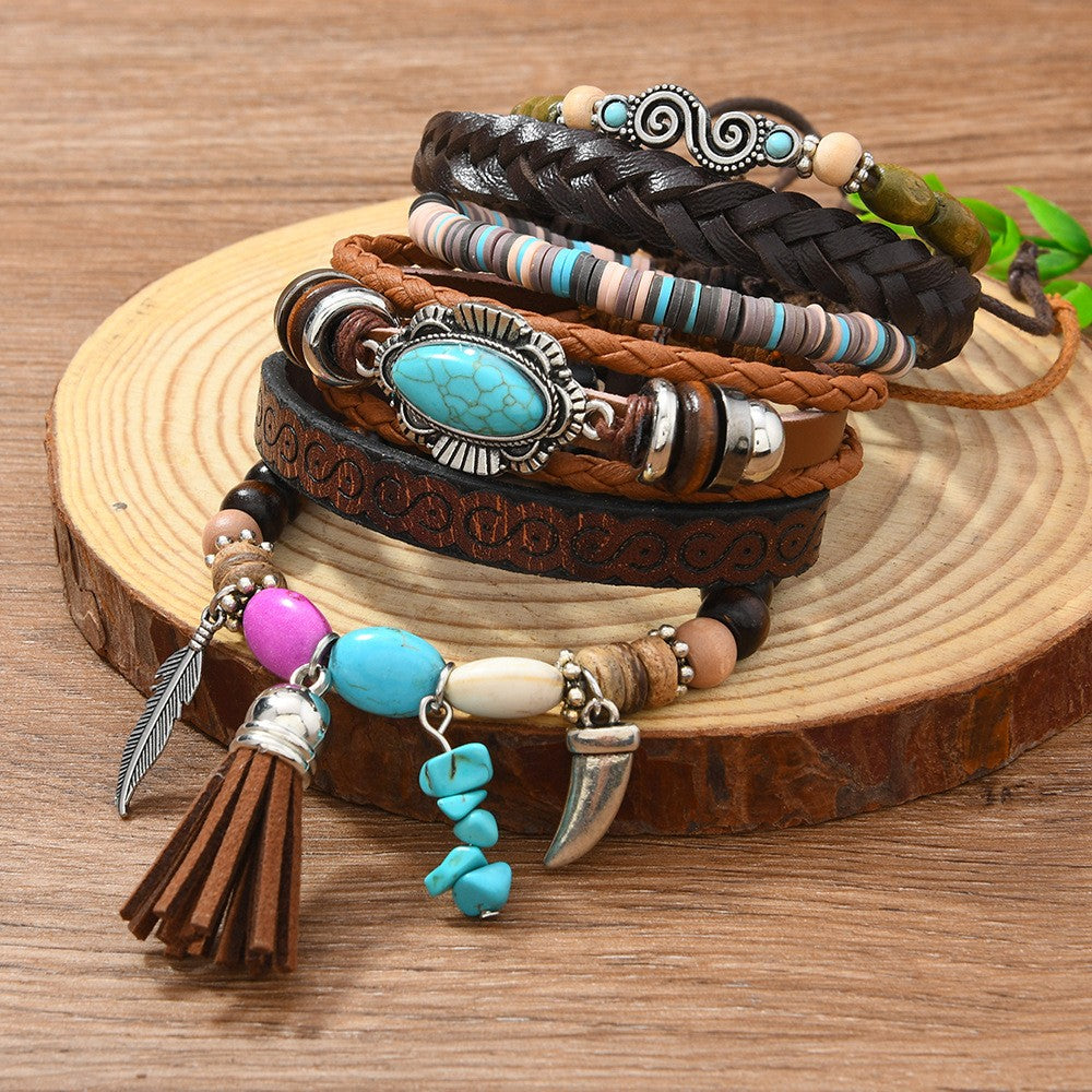 Turquoise Feather Layered Bracelet Set