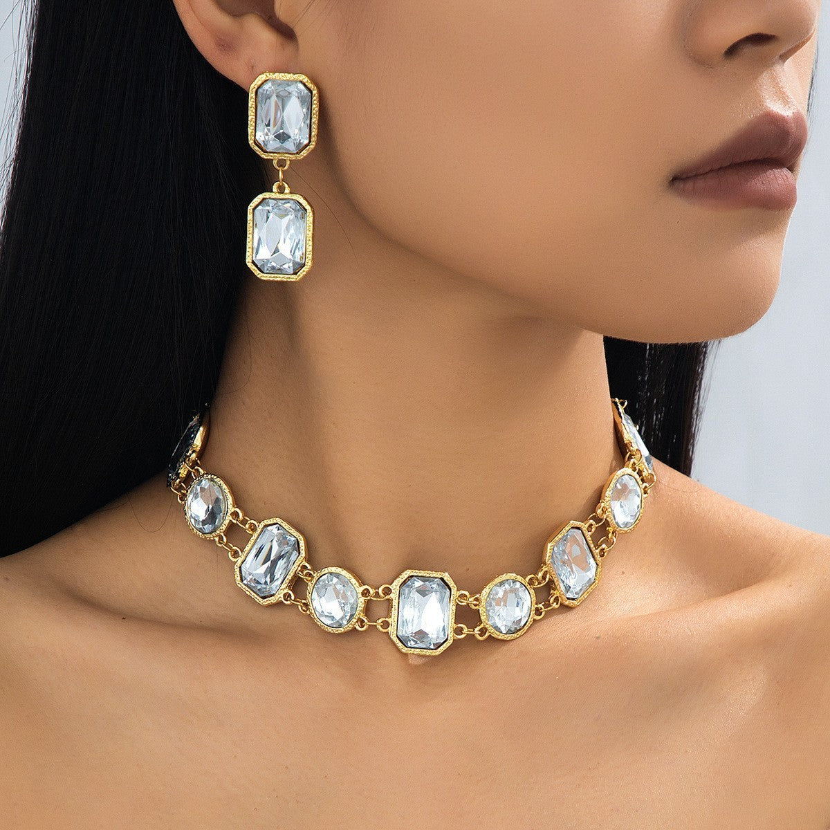 Crystal Rectangle Collar Necklace & Earring Set