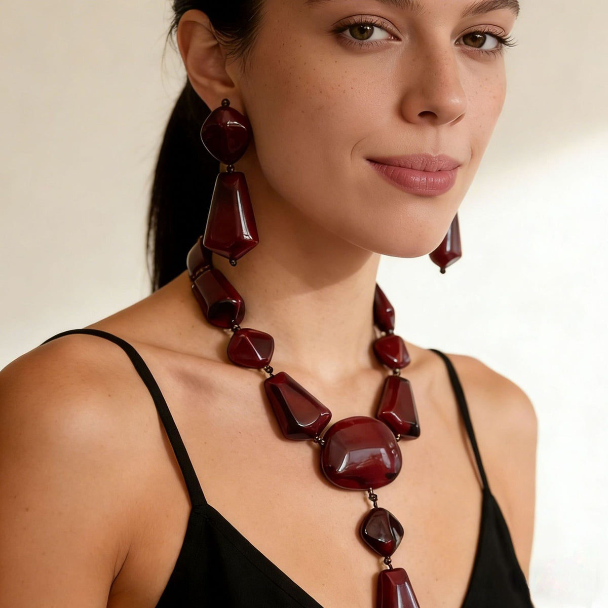 Burgundy Faceted Geometric Necklace & Earring Set