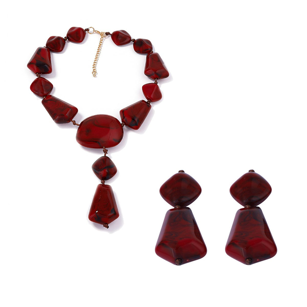 Burgundy Faceted Geometric Necklace & Earring Set
