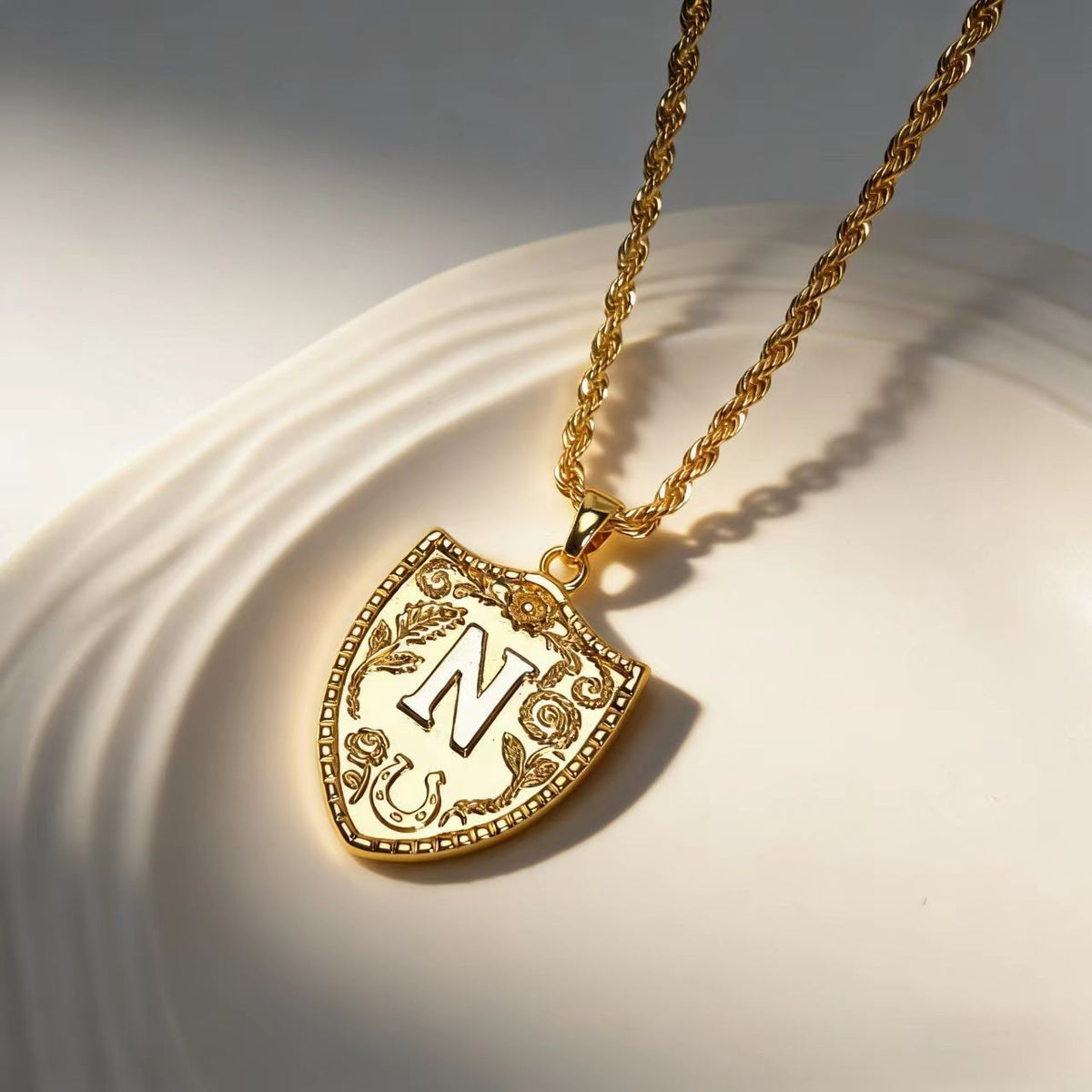 Embossed Shield Initial Necklace