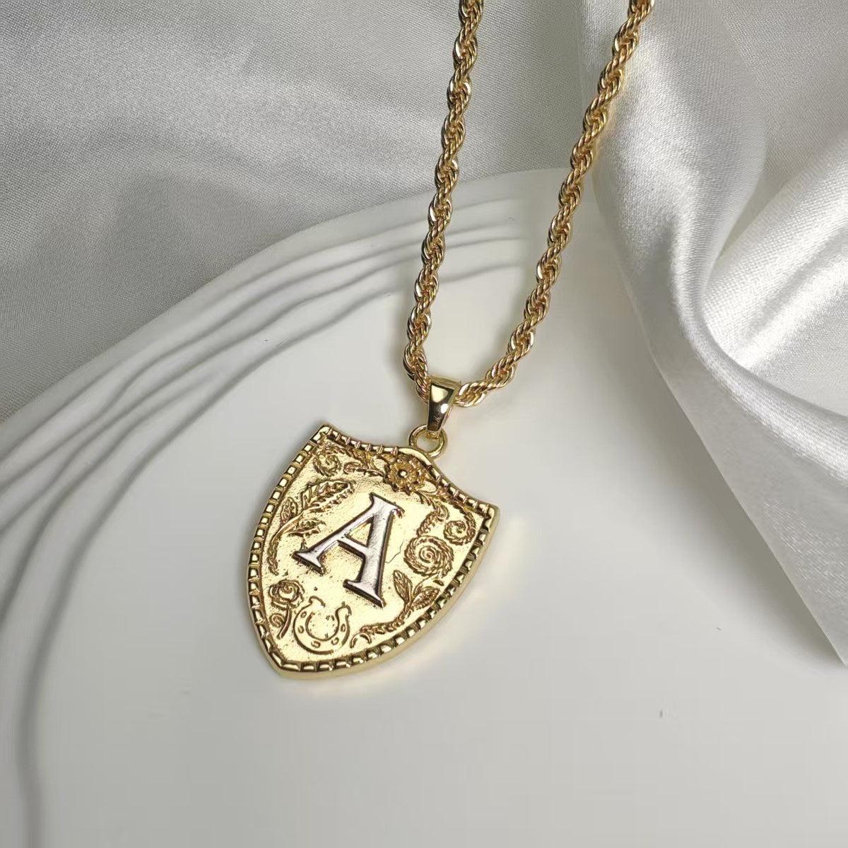 Embossed Shield Initial Necklace