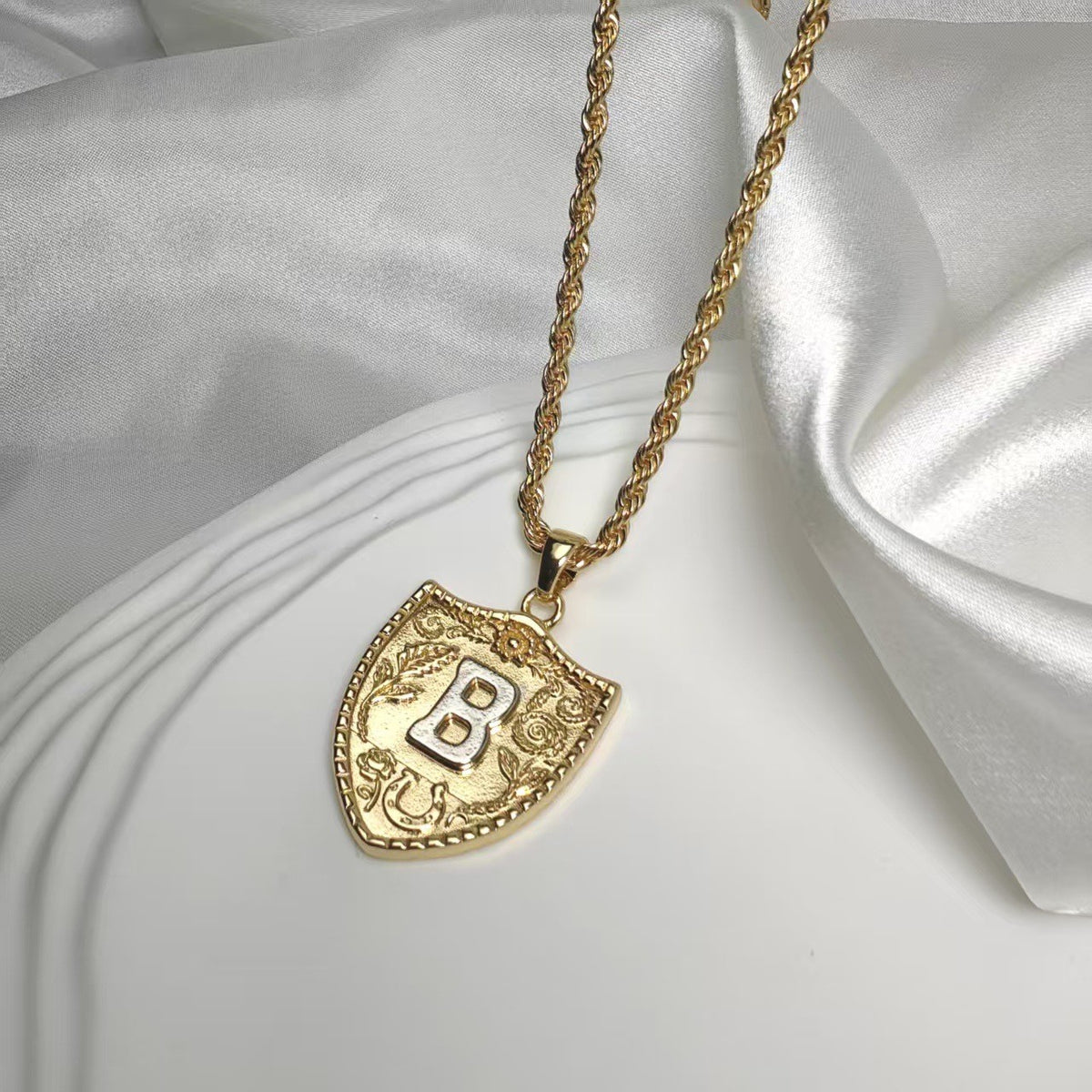 Embossed Shield Initial Necklace