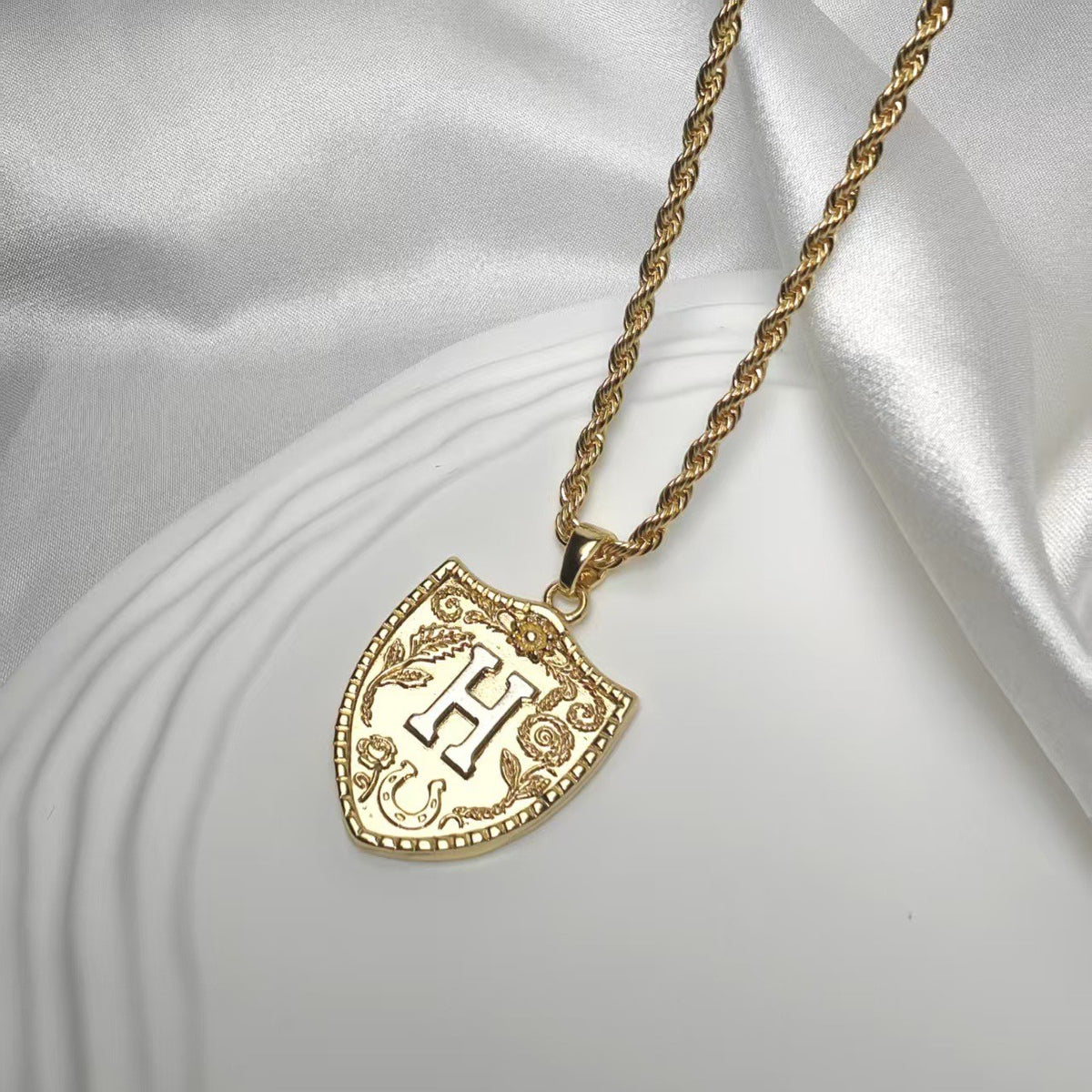 Embossed Shield Initial Necklace