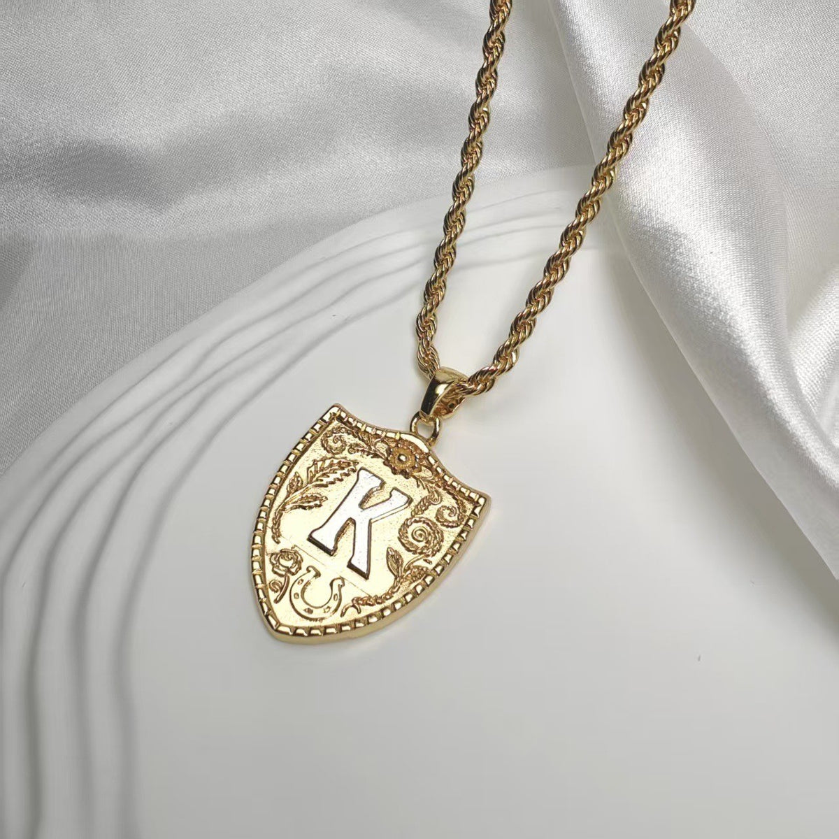 Embossed Shield Initial Necklace