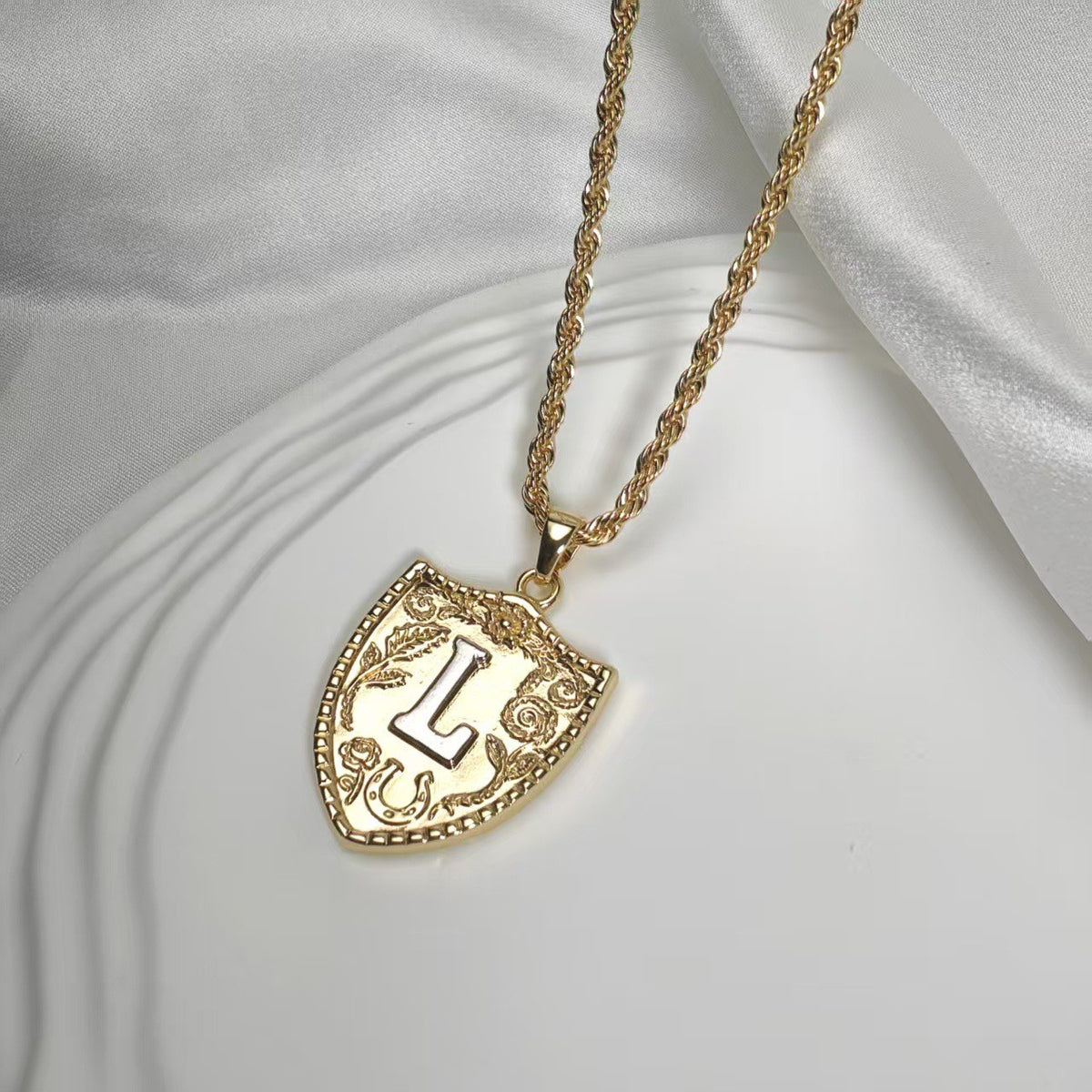 Embossed Shield Initial Necklace