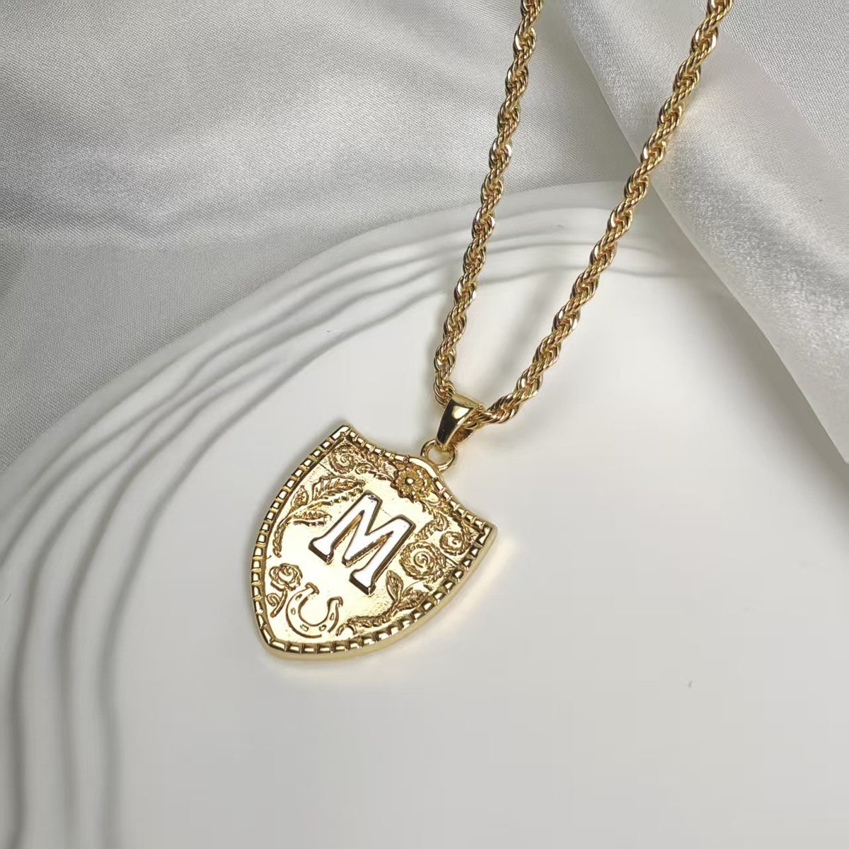 Embossed Shield Initial Necklace