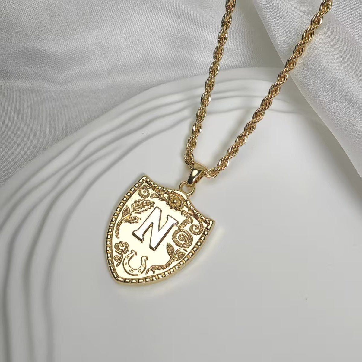 Embossed Shield Initial Necklace