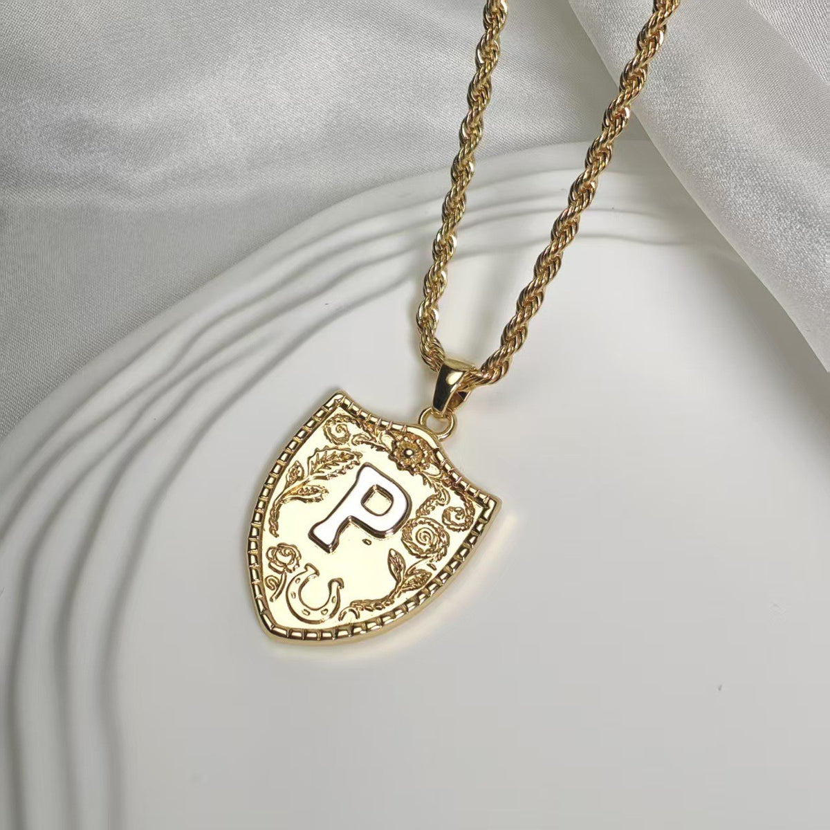 Embossed Shield Initial Necklace