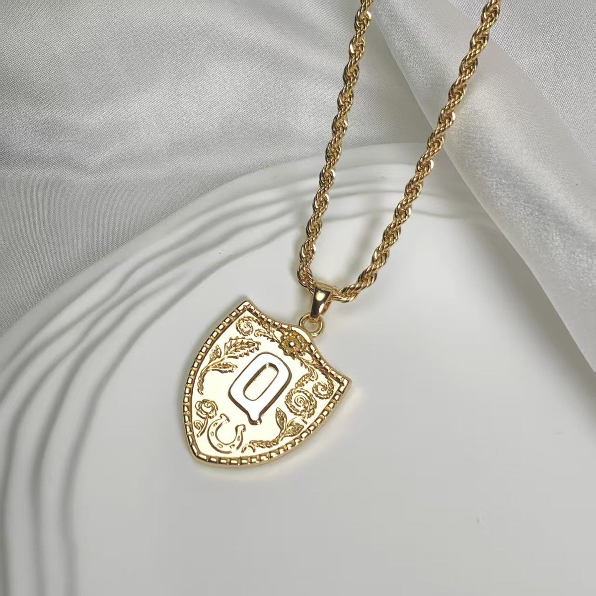 Embossed Shield Initial Necklace