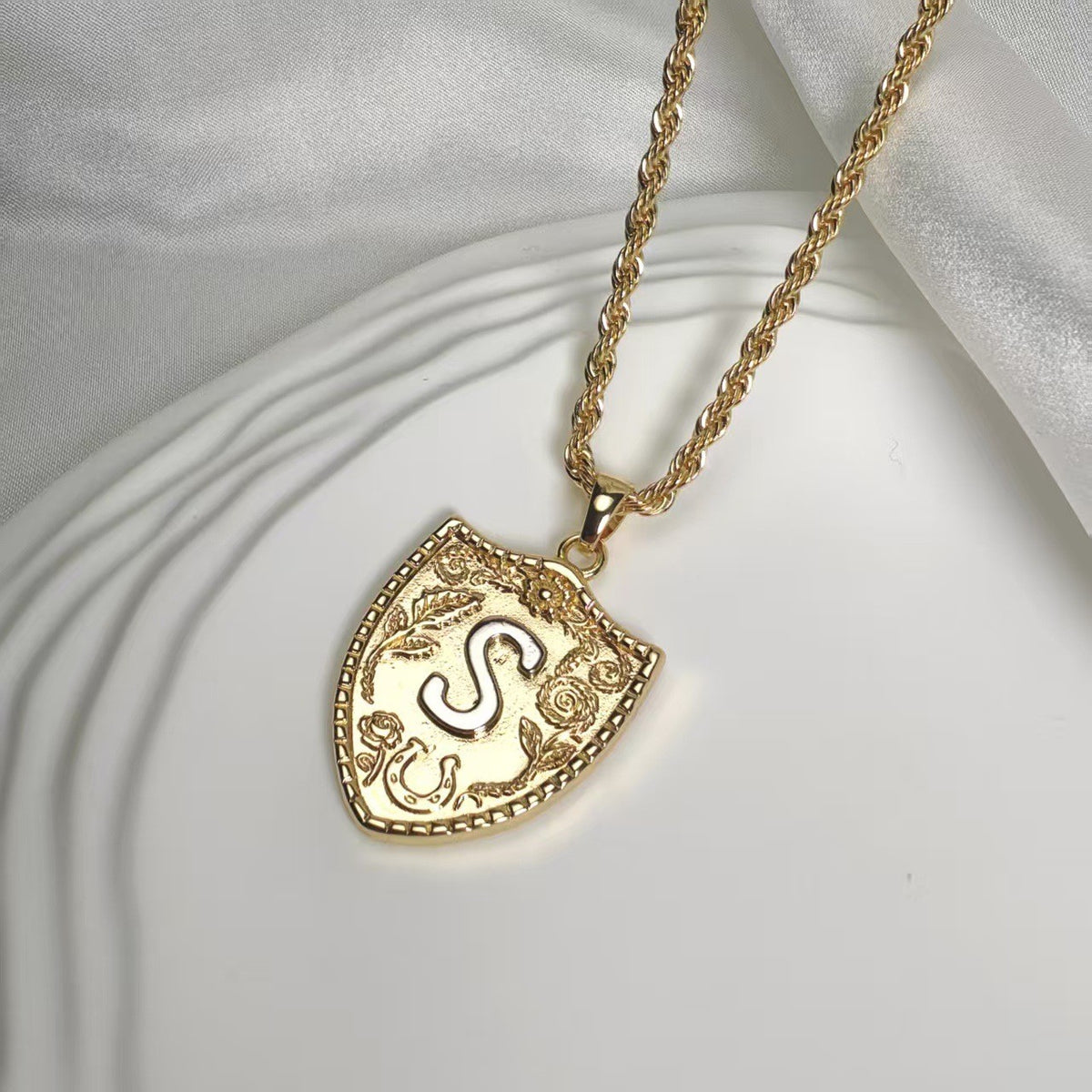 Embossed Shield Initial Necklace