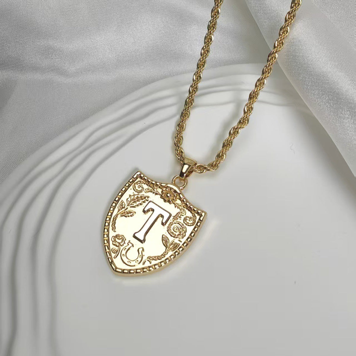 Embossed Shield Initial Necklace