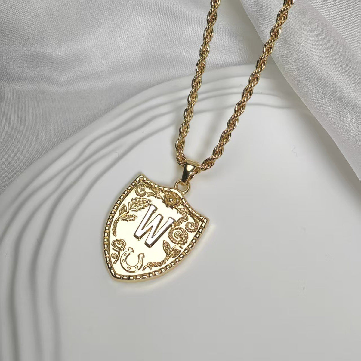 Embossed Shield Initial Necklace
