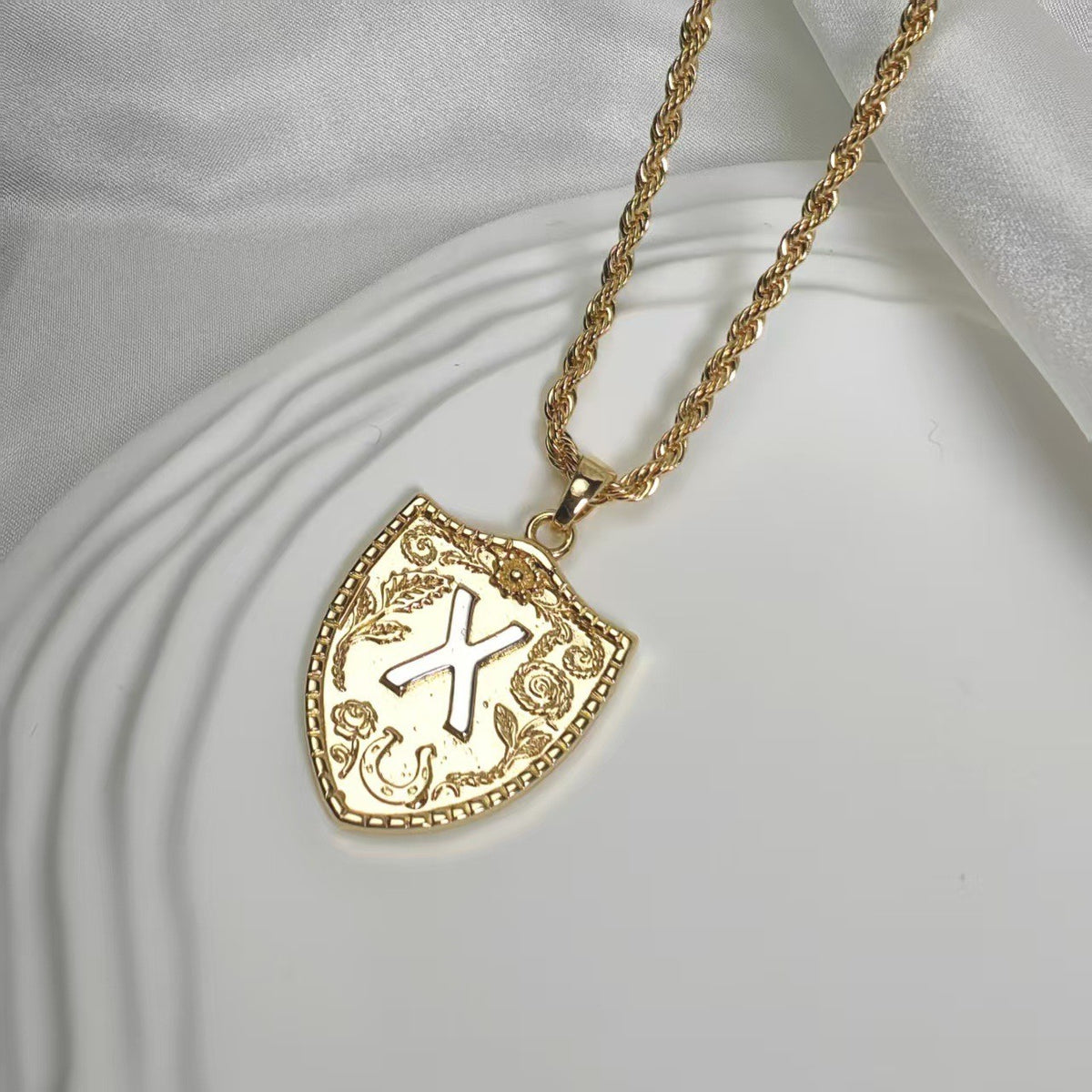 Embossed Shield Initial Necklace