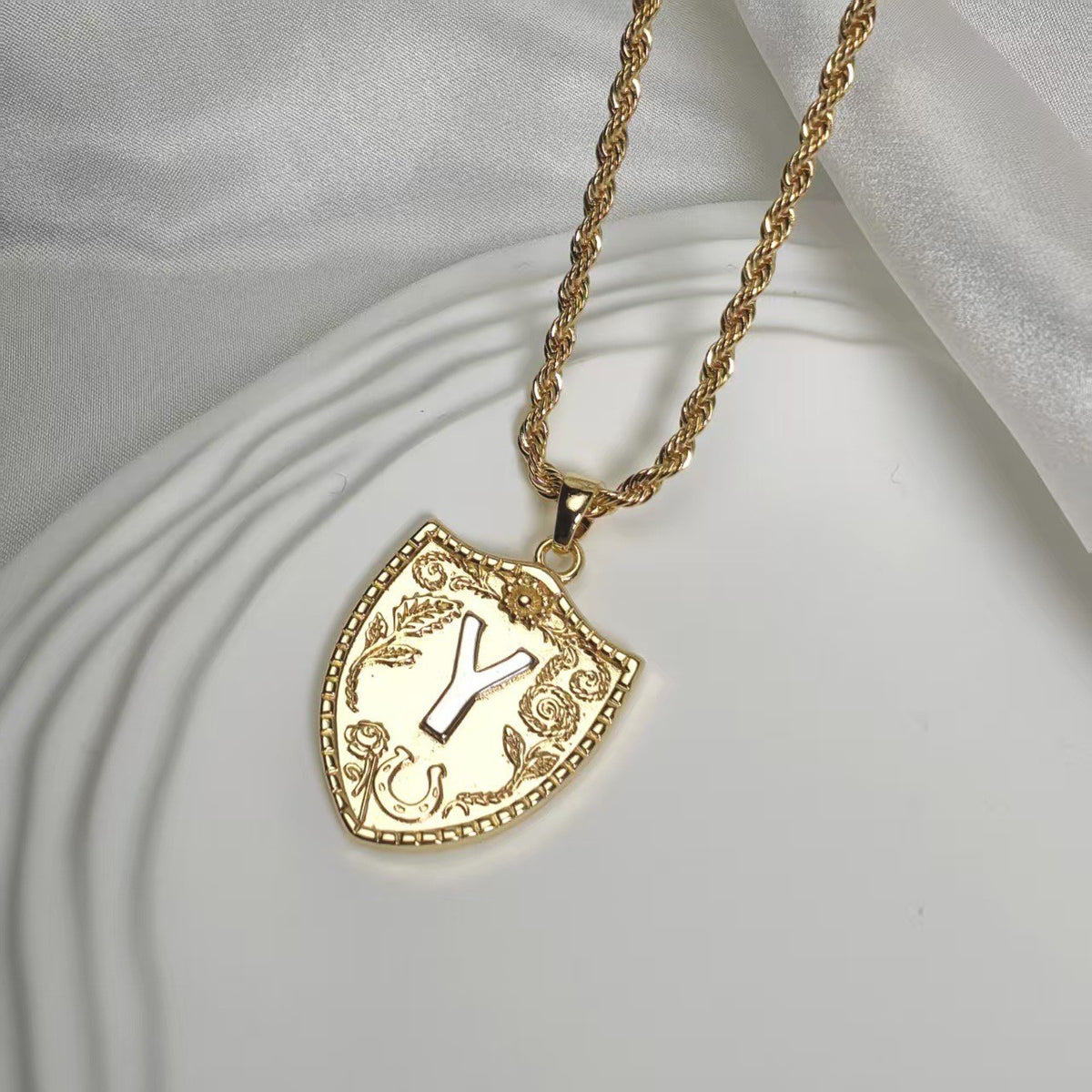 Embossed Shield Initial Necklace