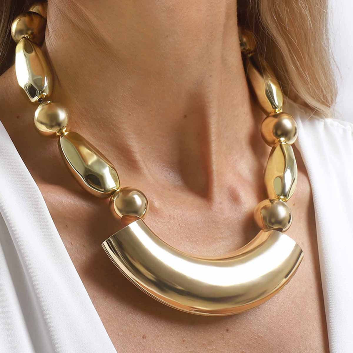 Gold-Tone Curved Bar & Bead Statement Necklace