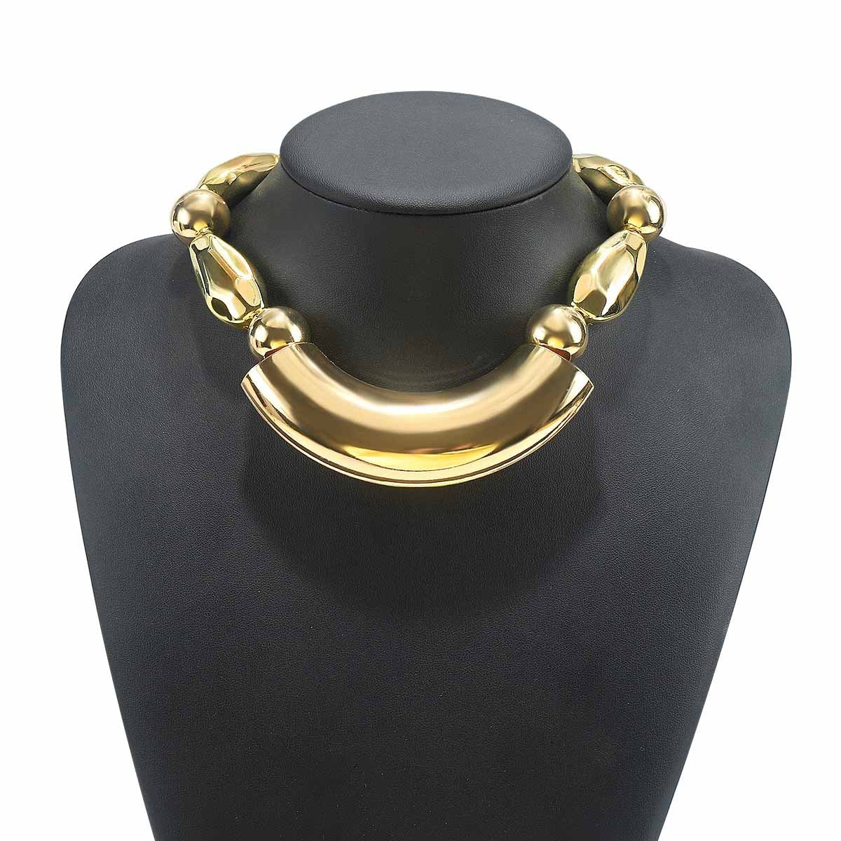 Gold-Tone Curved Bar & Bead Statement Necklace