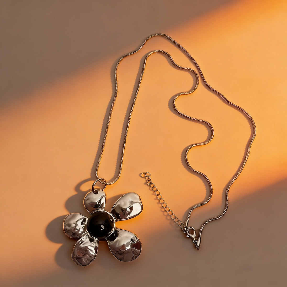 Hammered Petal Flower Necklace with Dark Stone
