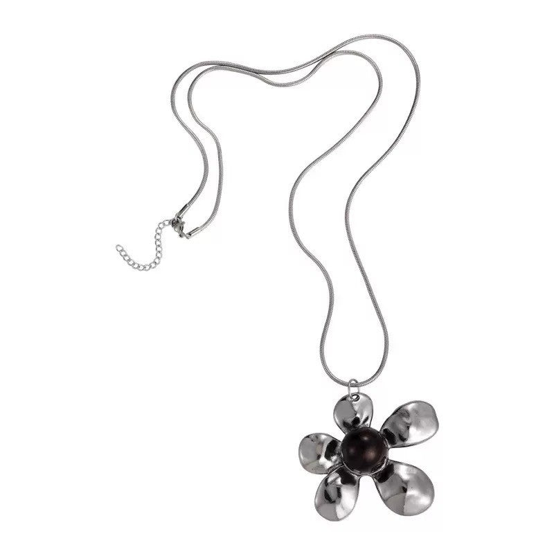 Hammered Petal Flower Necklace with Dark Stone