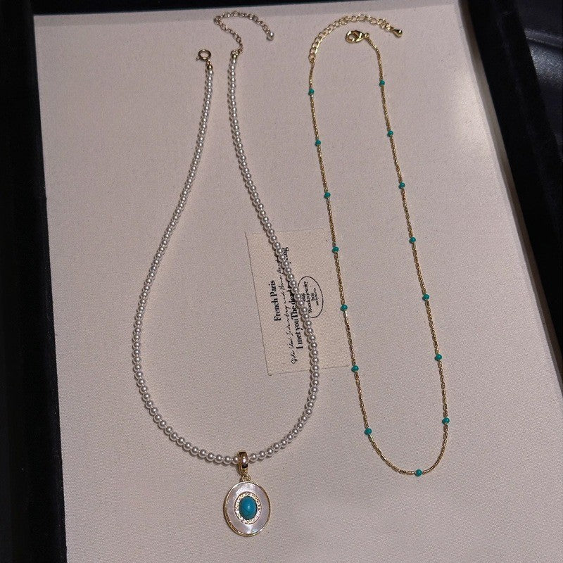 Turquoise Oval Pendant & Pearl Strand Necklace Set
