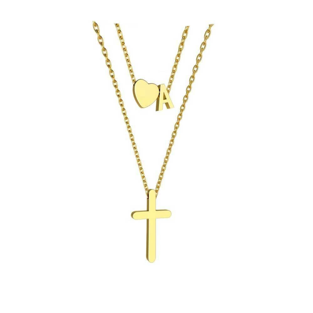 Heart Initial & Cross Layered Necklace