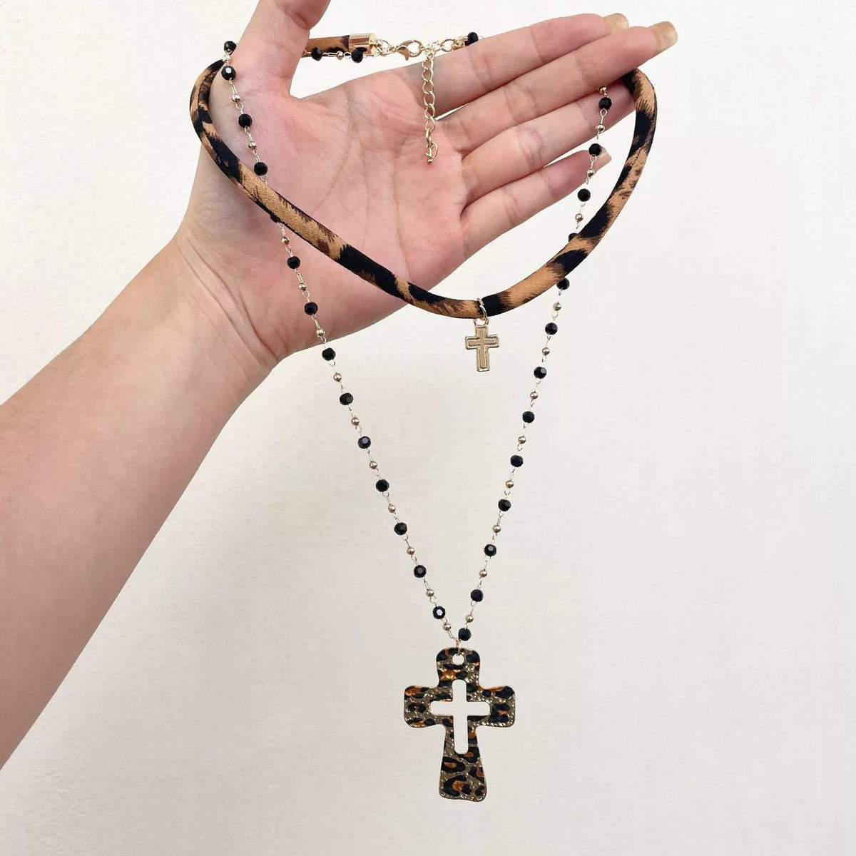 Leopard Print Cross Layered Necklace