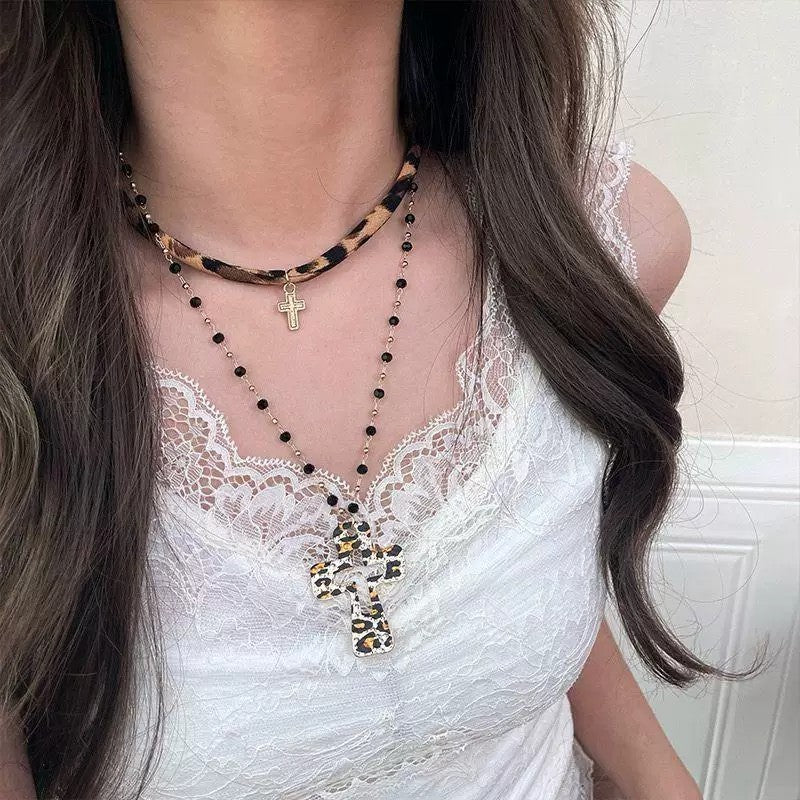 Leopard Print Cross Layered Necklace