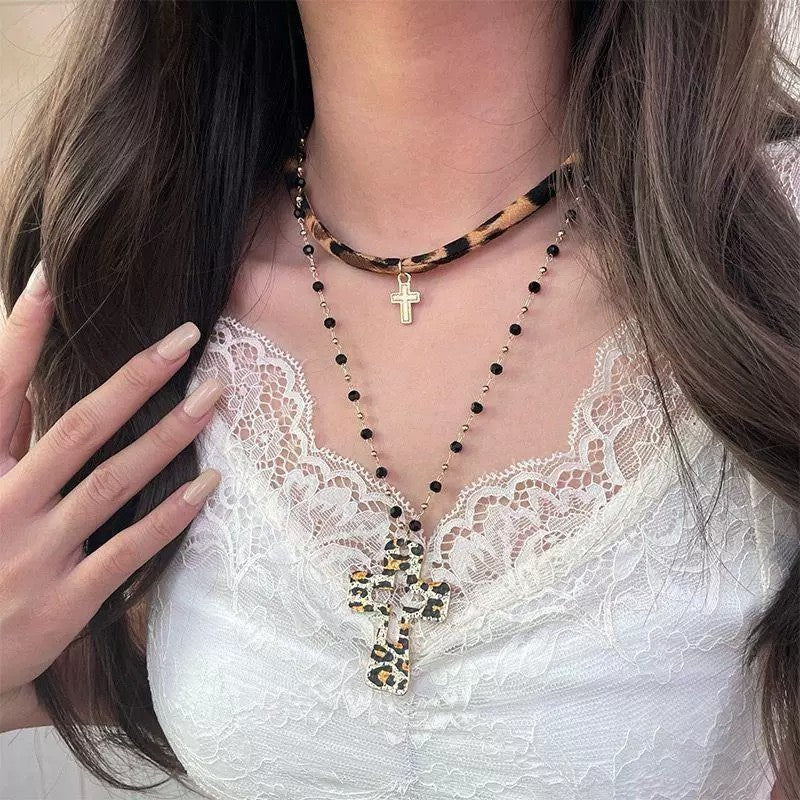 Leopard Print Cross Layered Necklace