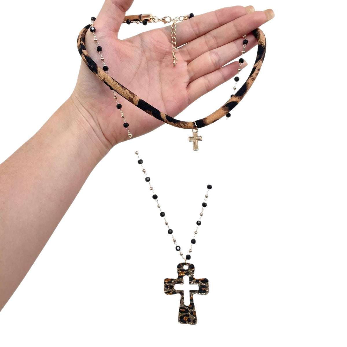 Leopard Print Cross Layered Necklace