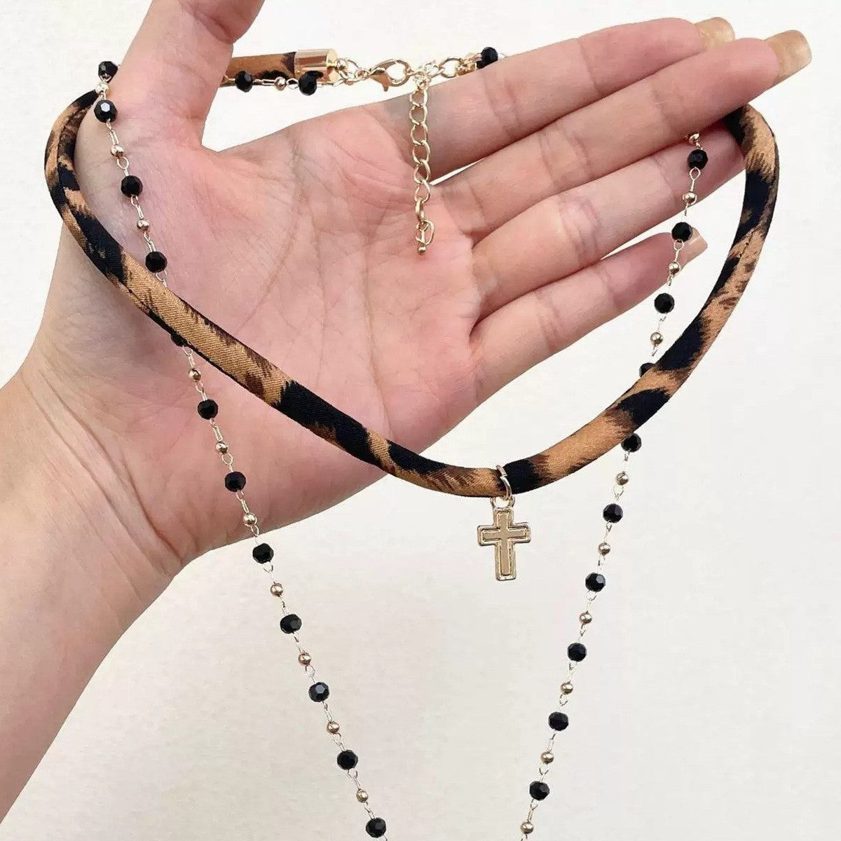 Leopard Print Cross Layered Necklace