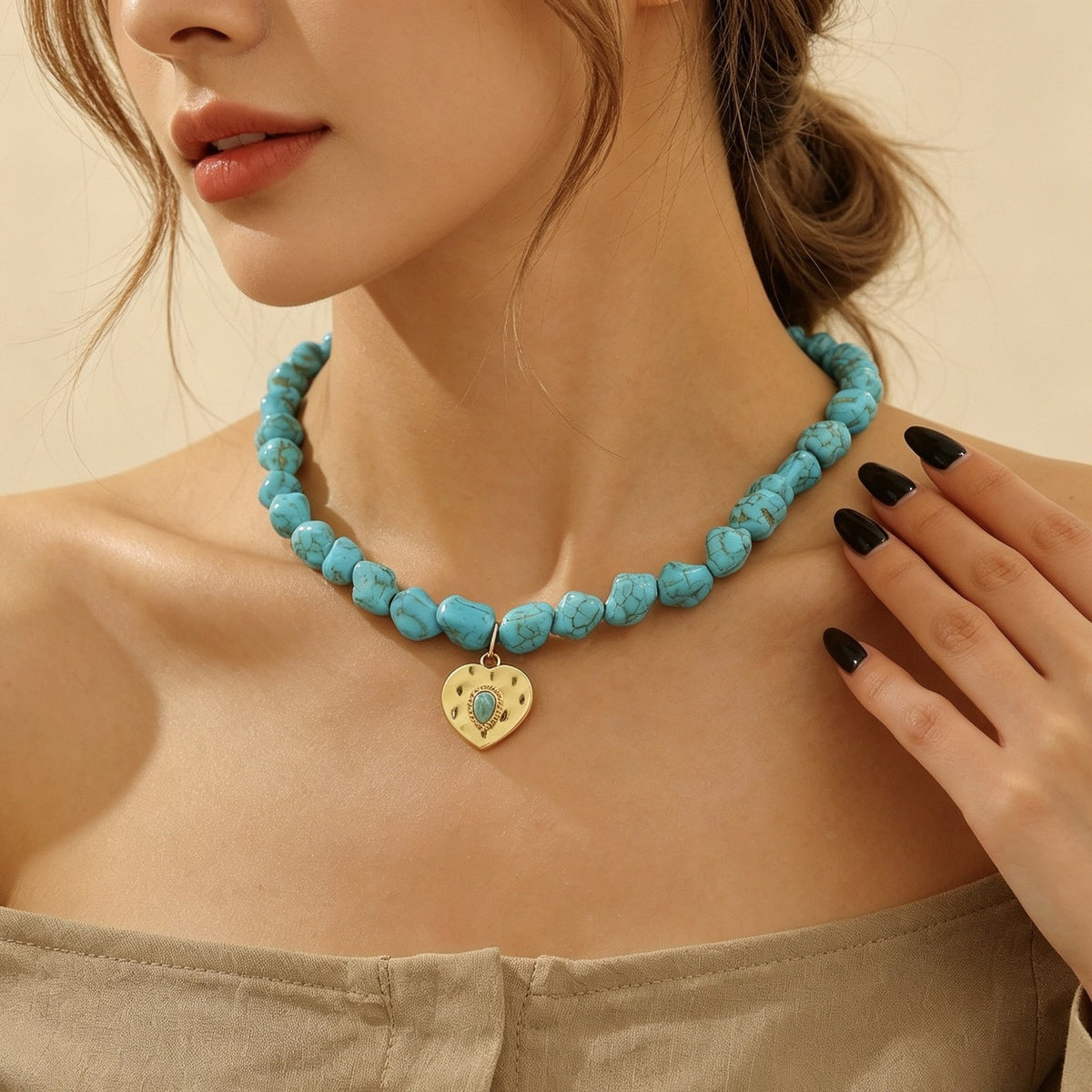 Turquoise Bead Heart Charm Necklace