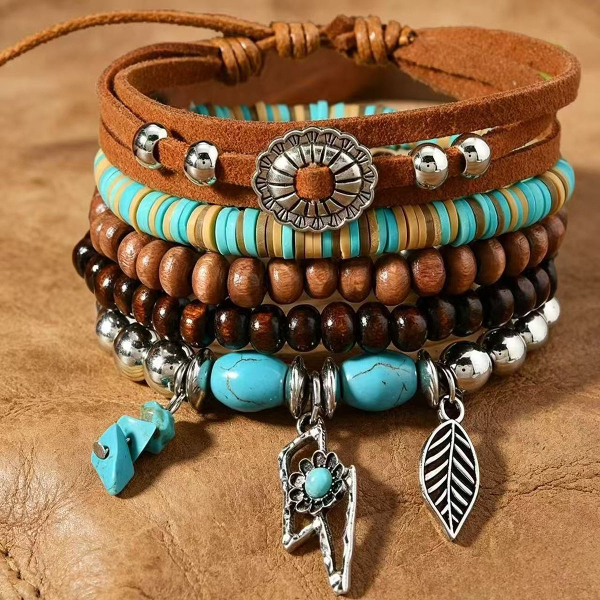 Turquoise & Wood Charm Wrap Bracelet