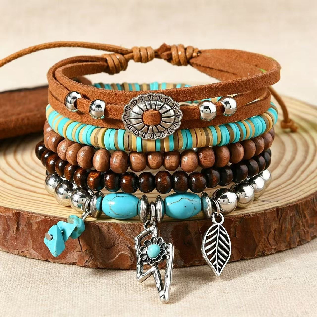 Turquoise & Wood Charm Wrap Bracelet