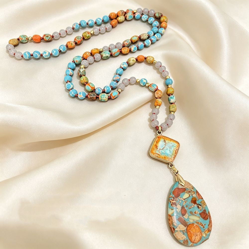 Multicolor Beaded Mosaic Pendant Necklace